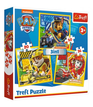 3 Puzzle in 1 Paw Patrol Marshall Rubble e Chase